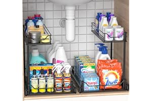 2 Pack Heavy Duty Under Sink Organizer, Pull Out Cabinet Organizer for KItchen Bathroom, 2 Tier Kitchen Sink Organizer and St