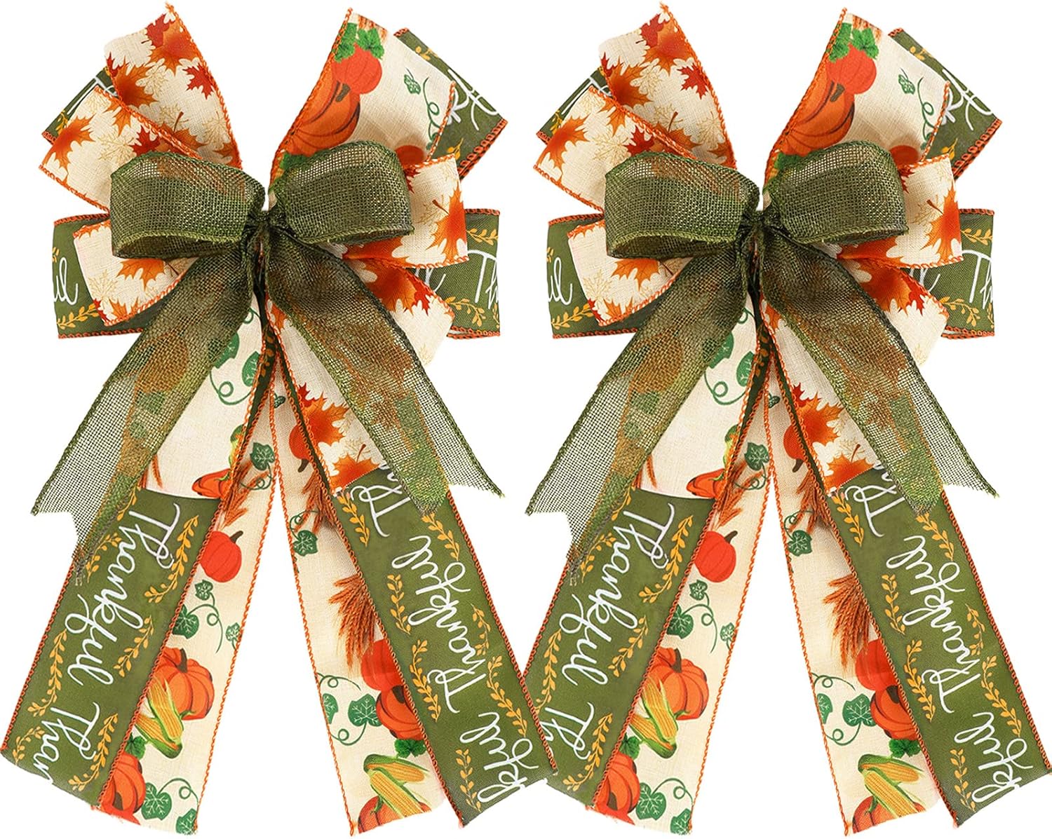 Bows & Ribbons - Whaline 2 Pack Fall Thanksgiving Wreath Bow Maple Leaf Orange Green Burlap Bow Thankful Gift Bow Tree Topper for Autumn Harvest Indoor Outdoor Festive Daily Home Decoration Party, 11 x 16.5 Inch
