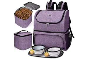 BAGLHER Pet Travel Bag, Double-Layer Pet Supplies Backpack (for All Pet Travel Supplies), Pet Travel Backpack with 2 Silicone Collapsible Bowls and 2 Food Baskets Lavender
