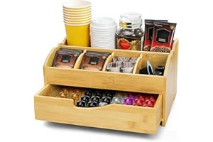 Covzoe Coffee Station Organizer for Counter, Bamboo Coffee Bar Accessories Organizer with Drawer, 5 Compartment Farmhouse Cof