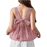 OYOANGLE Women's Gingham Square Neck Sleeveless Tank Top Y2K Bow Back Ruffle Babydoll Tops