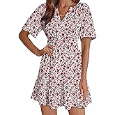 Dokotoo Womens Summer Dresses 2025 Boho Floral Short Sleeve V Neck Smocked Waist Casual A-Line Swing Mini Dress Sundress