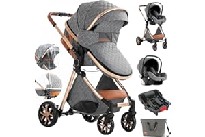 Aveainelle 3 in 1 Baby Stroller Travel System Combo Set, Reversible Infant Stroller with One-Click Folding, Convertible Newborn Toddler Pram Carriage with Aluminum Frame (UDV9-GREY with Base)
