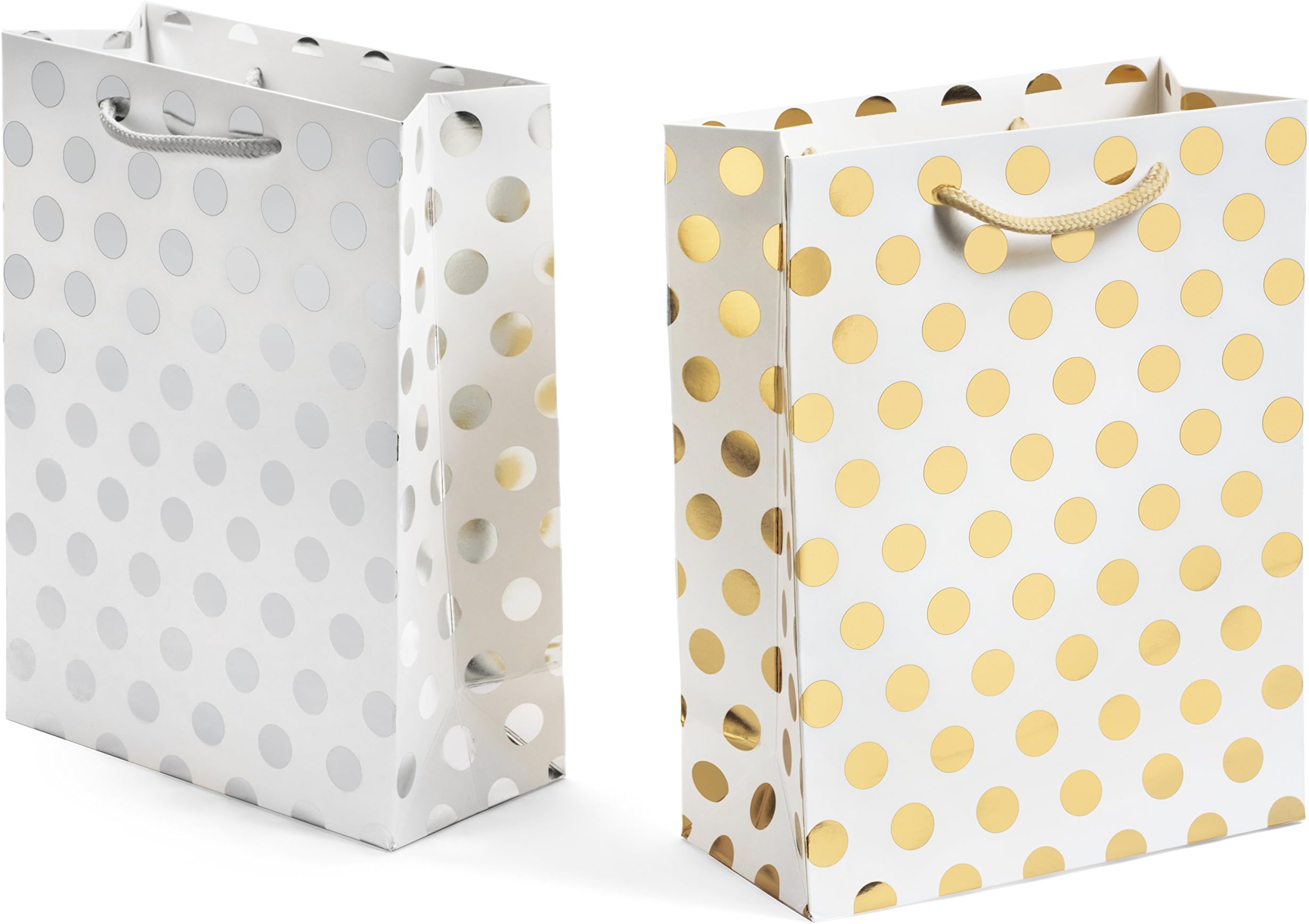 Haute Soiree - 12 Pack - Medium Sized Gift Bags Set with Rope Handles - 6 Gold and 6 Silver Polka Dot Bags Perfect for Weddings, Birthday and Holiday Presents