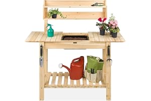 Best Choice Products Outdoor Mobile Garden Potting Bench, Wood Workstation Table w/Sliding Tabletop, Food Grade Dry Sink, Storage Shelves - Natural