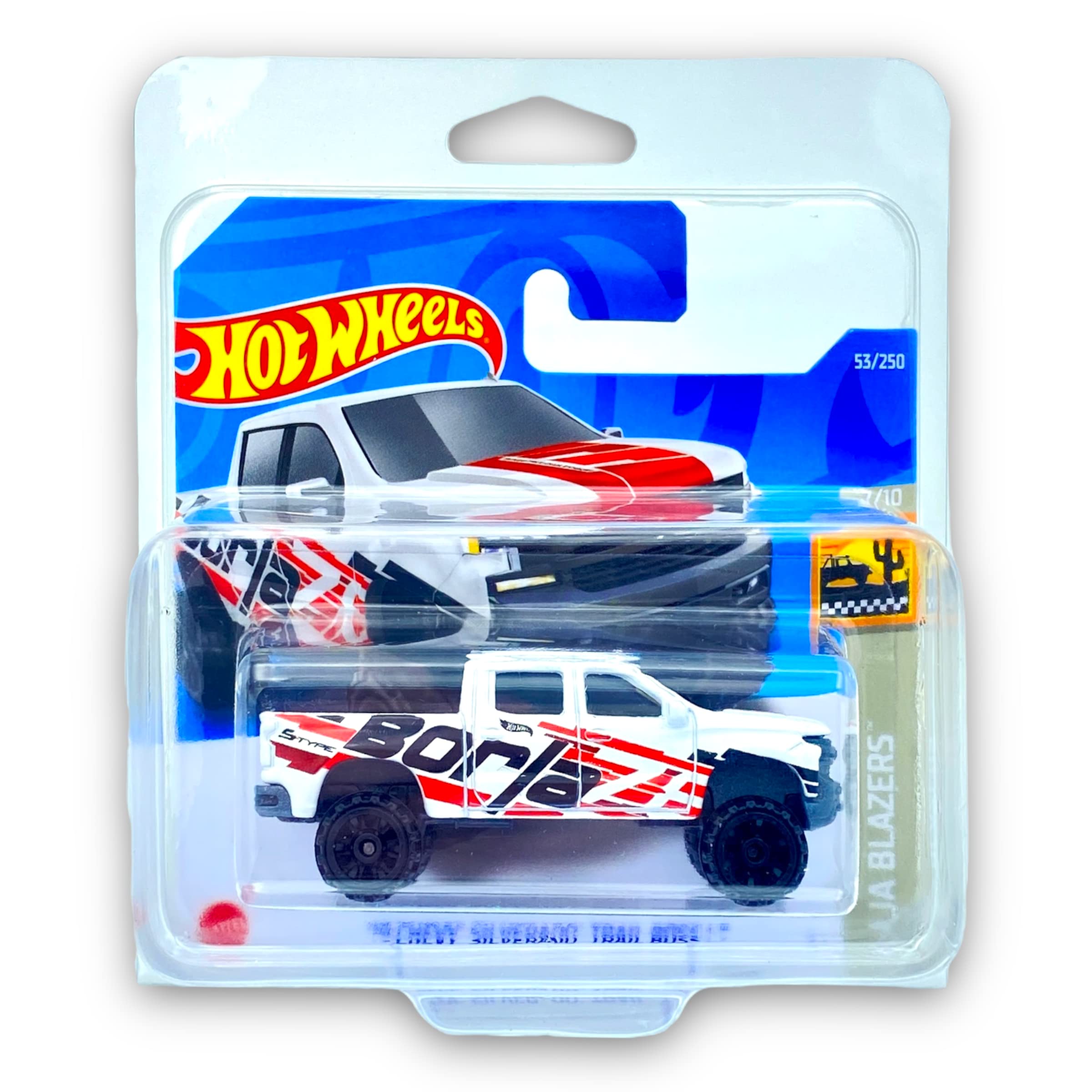 Hot Wheels '19 Chevy Silverado Trail Boss LT (White - Borla) 7/10 Baja Blazers 2022-53/250 (Short Card) *** COMES IN A KLAS CAR KEEPER PROTECTIVE COLLECTORS CASE *** HCW64