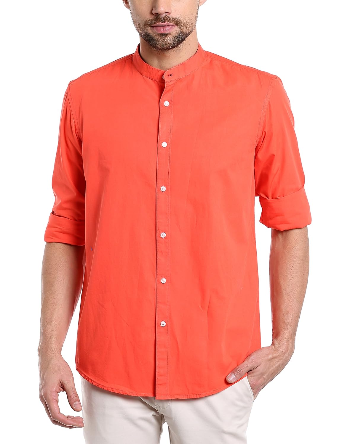 dennis lingo men's solid chinese collar orange casual shirt