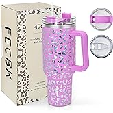 FECBK 40 oz Tumbler with Handle and Straw, 100% Leak-Proof Travel Mug, Stainless Steel Double Wall Vacuum Insulated Coffee Cup Keeps Cold For 34 Hours, Dishwasher Safe, Lavender Rose Leopard