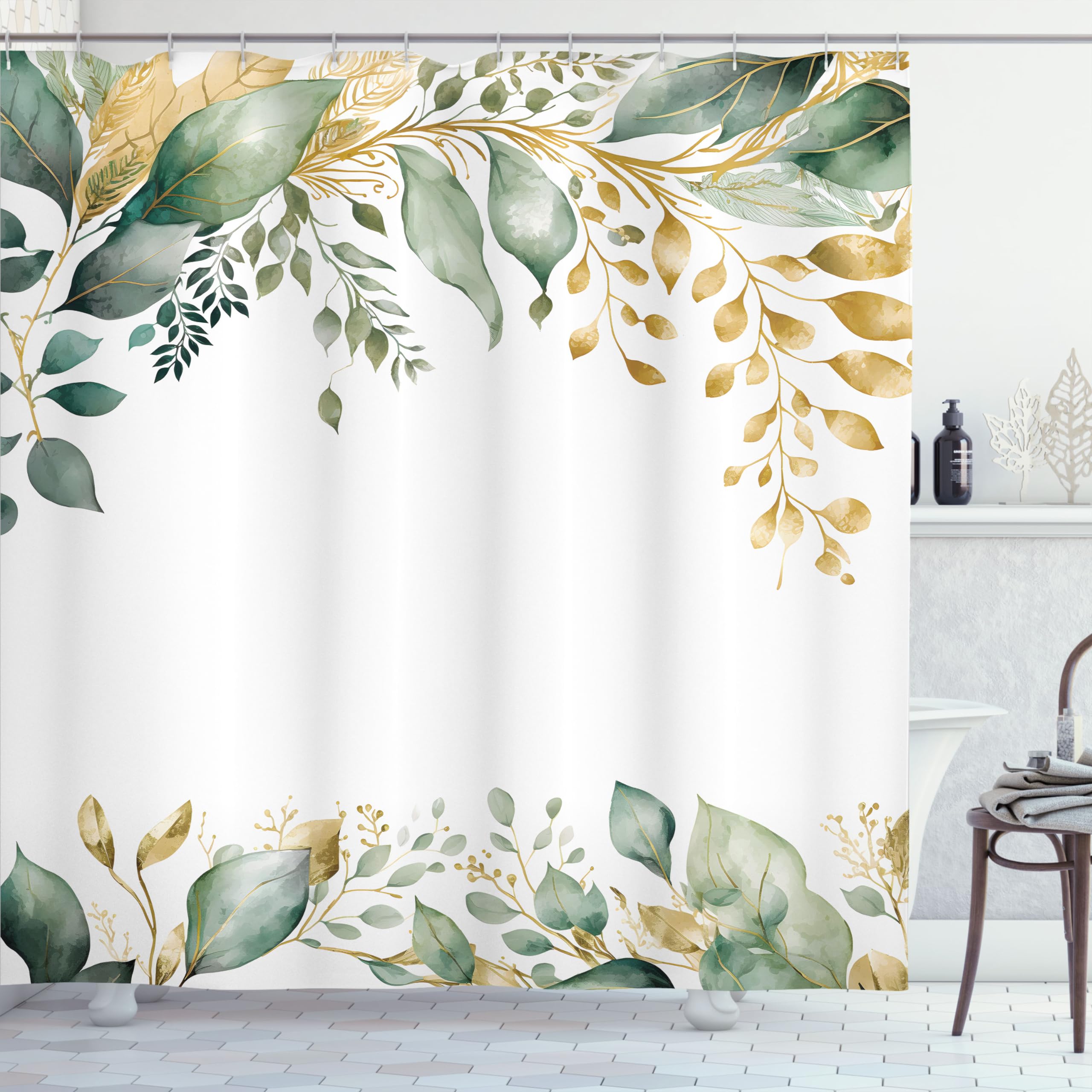 ABAKUHAUS Eucalyptus Shower Curtain, Watercolor Modern Botanical Composition with Leaves and Branches, Cloth Fabric Bathroom Decor Set with Hooks, 175 x 180 cm, Dark Mustard Reseda Green