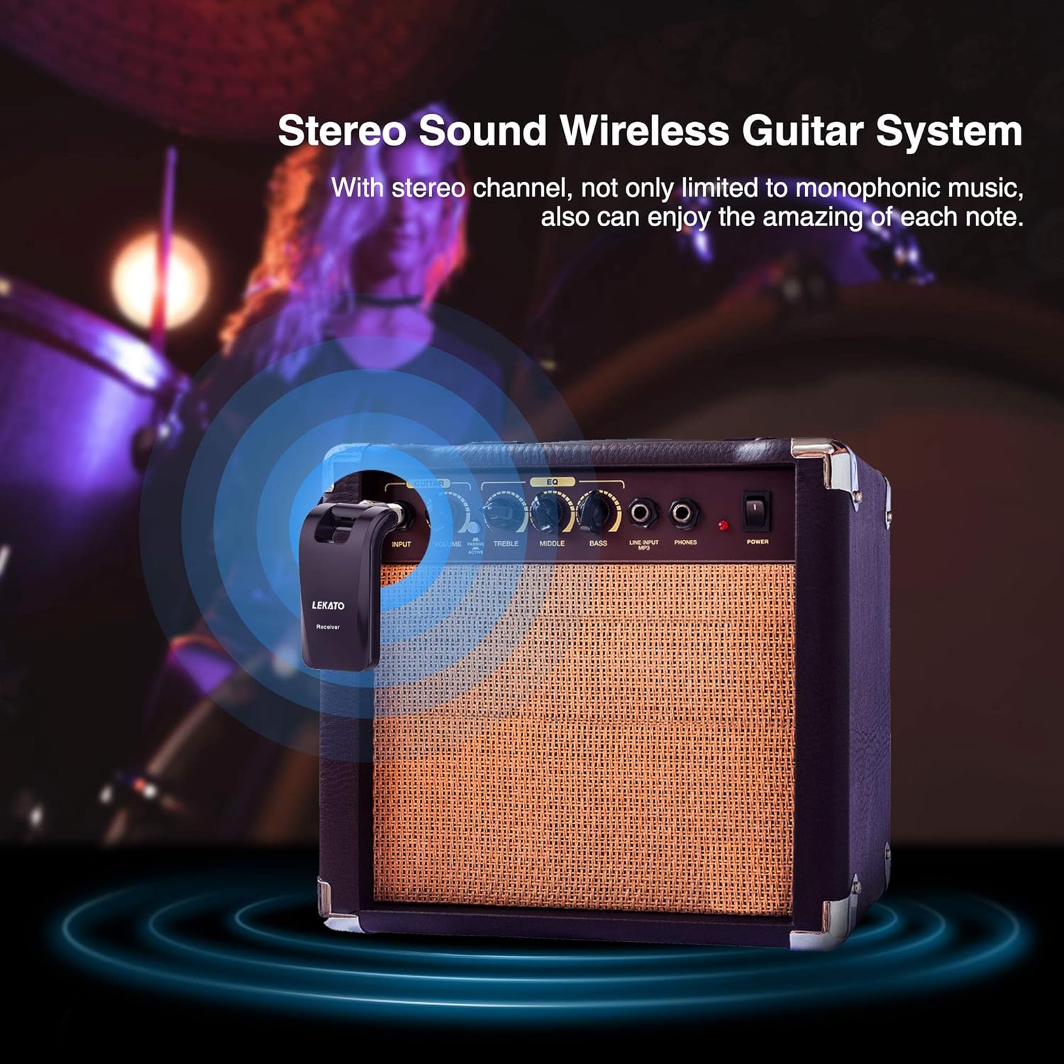 LEKATO Wireless Guitar System with Dual Jacks for Musical Instruments 2.4GHz Rechargeable Wireless Guitar Transmitter Receiver,Stereo Cordless Guiar Lead Bass Jack for Acoustic Electric Guitar Bass - Image 4