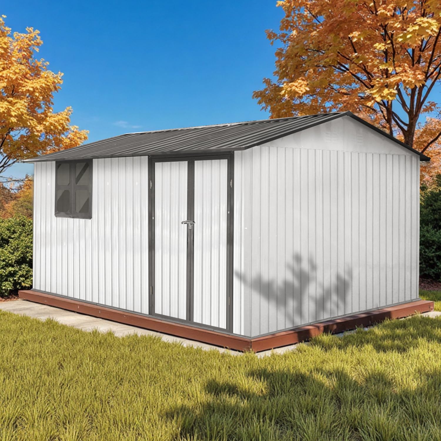 Photo 1 of 12' x 10' XL Outdoor Storage Shed, Sturdy Metal Building w/Windows & Lockable Doors for Garden, Backyard, Poolside and Lawn, Grey+White