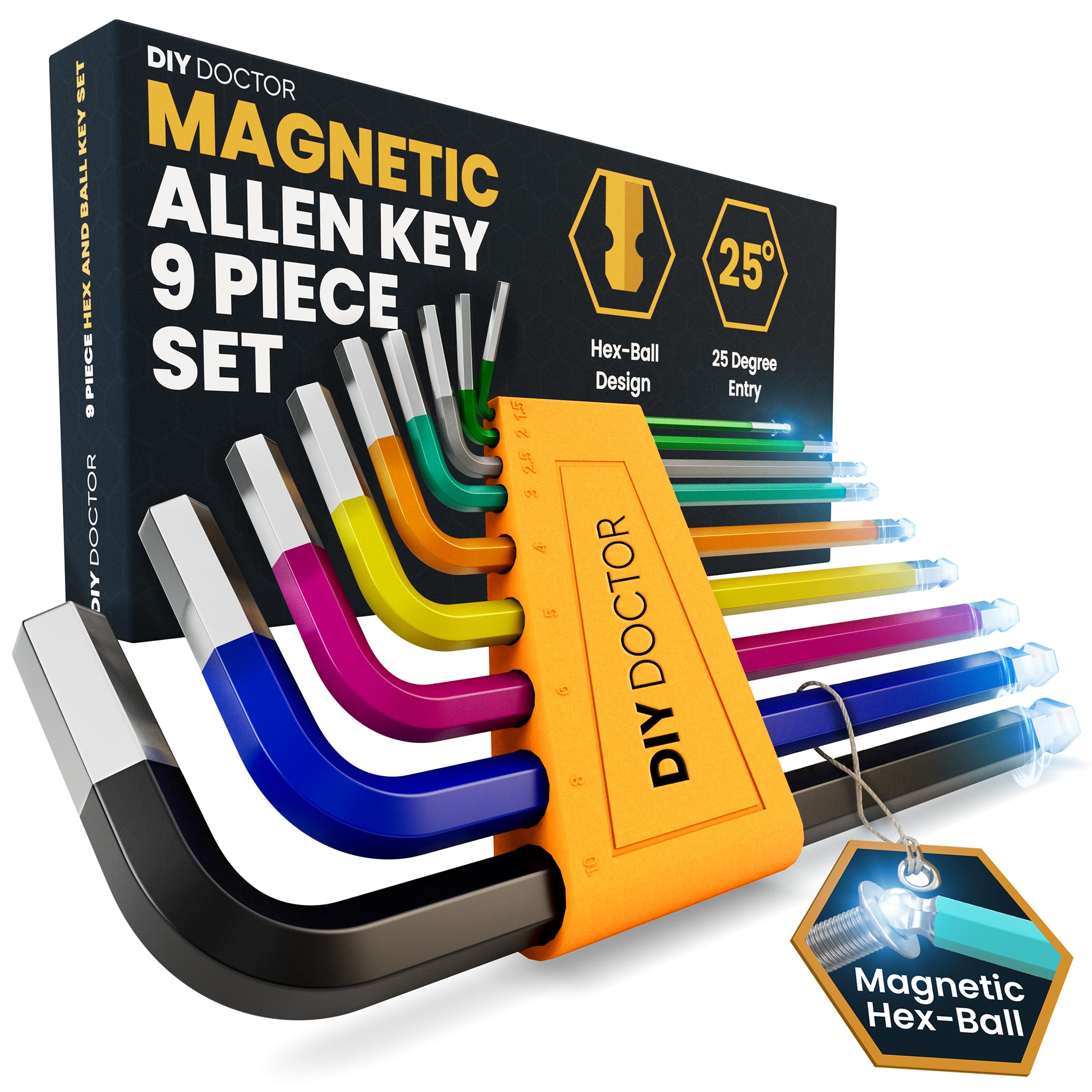 DIY Doctor Allen Key Set with Magnetic Ball-End – 9pc Hex Key Set 1.5–10mm – Colour Coded Long Arm CRV Steel – Metric Alan Keys for Bike, Home & Furniture Repairs