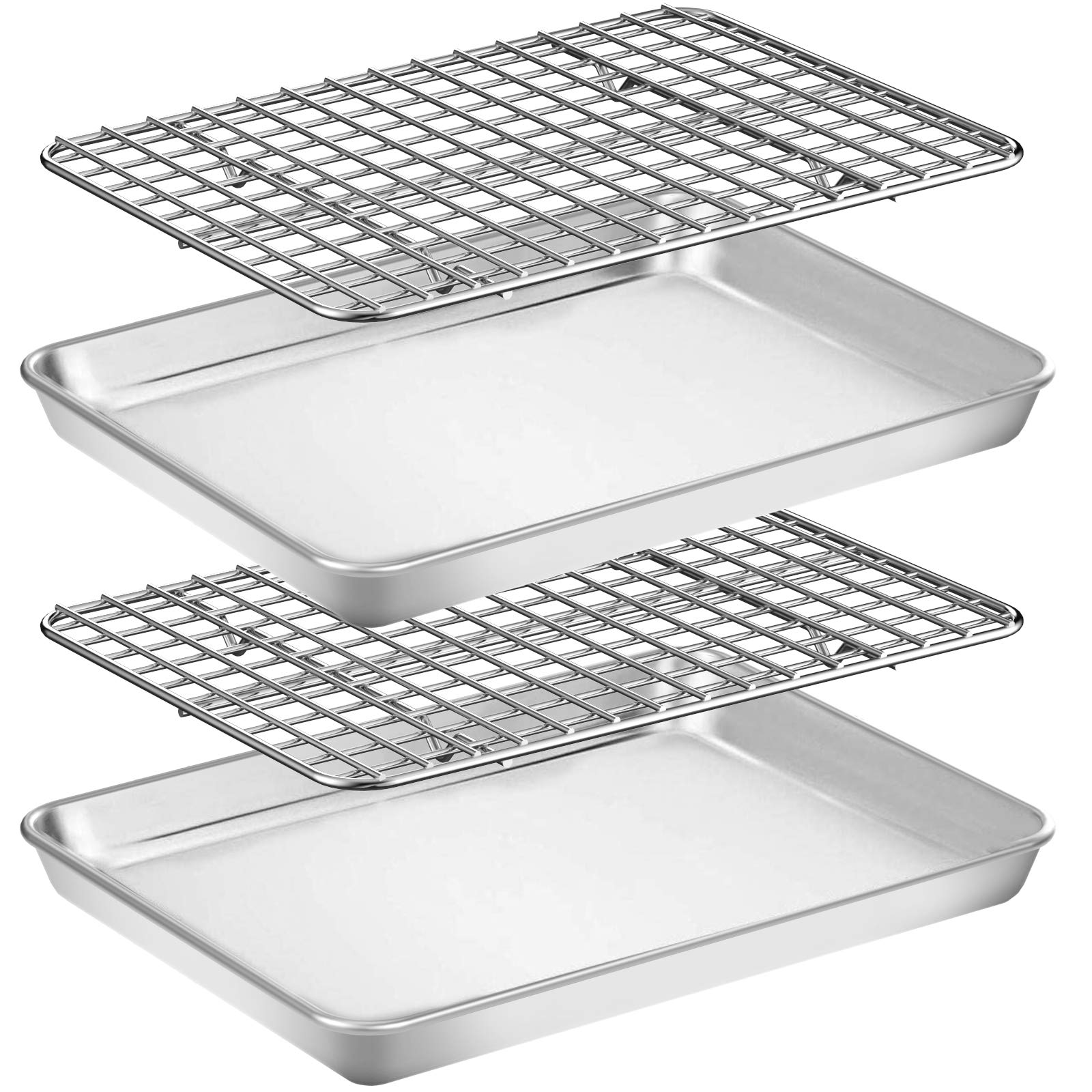 Wildone Baking Sheet with Rack Set [2 Pans + 2 Racks], Stainless Steel Cookie Sheet Baking Pan Tray with Cooling Rack, Size 9 x 7 x 1 Inch, Non Toxic & Heavy Duty & Easy Clean