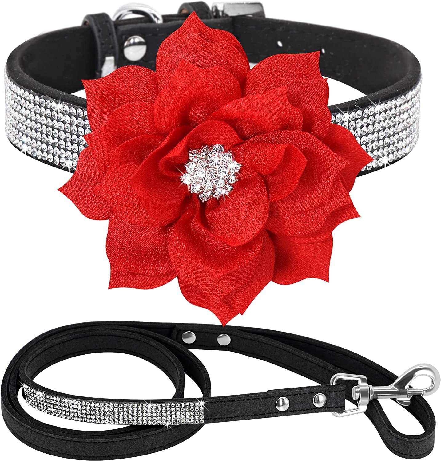haoyueer Rhinestone Dog Collar, Cute Dazzling Sparkling Soft Suede Leather Dog Cat Rhinestone Collar Leash Crystal Diamond Pet Dog Puppy Collar (M, Black-6)