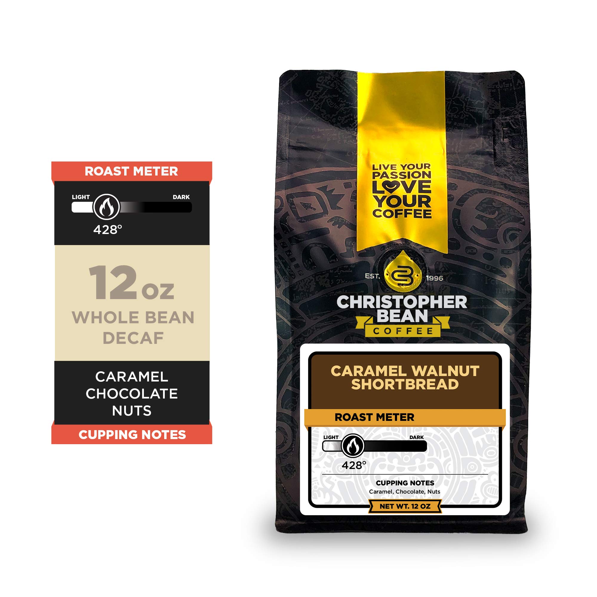 Christopher Bean Coffee - Caramel Walnut Shortbread Flavored Coffee, (Decaf Whole Bean) 100% Arabica, No Sugar, No Fats, Made with Non-GMO Flavorings, 12-Ounce Bag of Decaf Whole Bean coffee