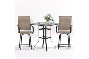 UDPATIO 3 Piece Patio Swivel Bar Set, Outdoor Mental Textilene High Swivel Bar Stools Chair Set of 2 and Bar High Glass Bar Table, Outdoor High Top Bistro Set for Lawn Garden, Balcony, Brown