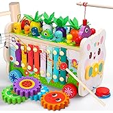 Teekdeer 9 in 1 Montessori Toys for 1 Year Old, Wooden Hammering Pounding Toy Game with Xylophone for Toddlers 1-3, Gears and Carrot Harvest,1 Year Old Girl Birthday Gifts, Learing Toys for Babies