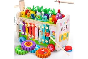 Teekdeer 9 in 1 Montessori Toys for 1 Year Old, Wooden Hammering Pounding Toy Game with Xylophone for Toddlers 1-3, Gears and Carrot Harvest,1 Year Old Girl Birthday Gifts, Learing Toys for Babies
