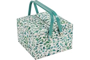 Hobby Gift Exclusive Large Twin Lid Sewing Craft Hobby Storage Box, Accessories Tray Pin Cushion Pockets PVC Handles, Eucalyp