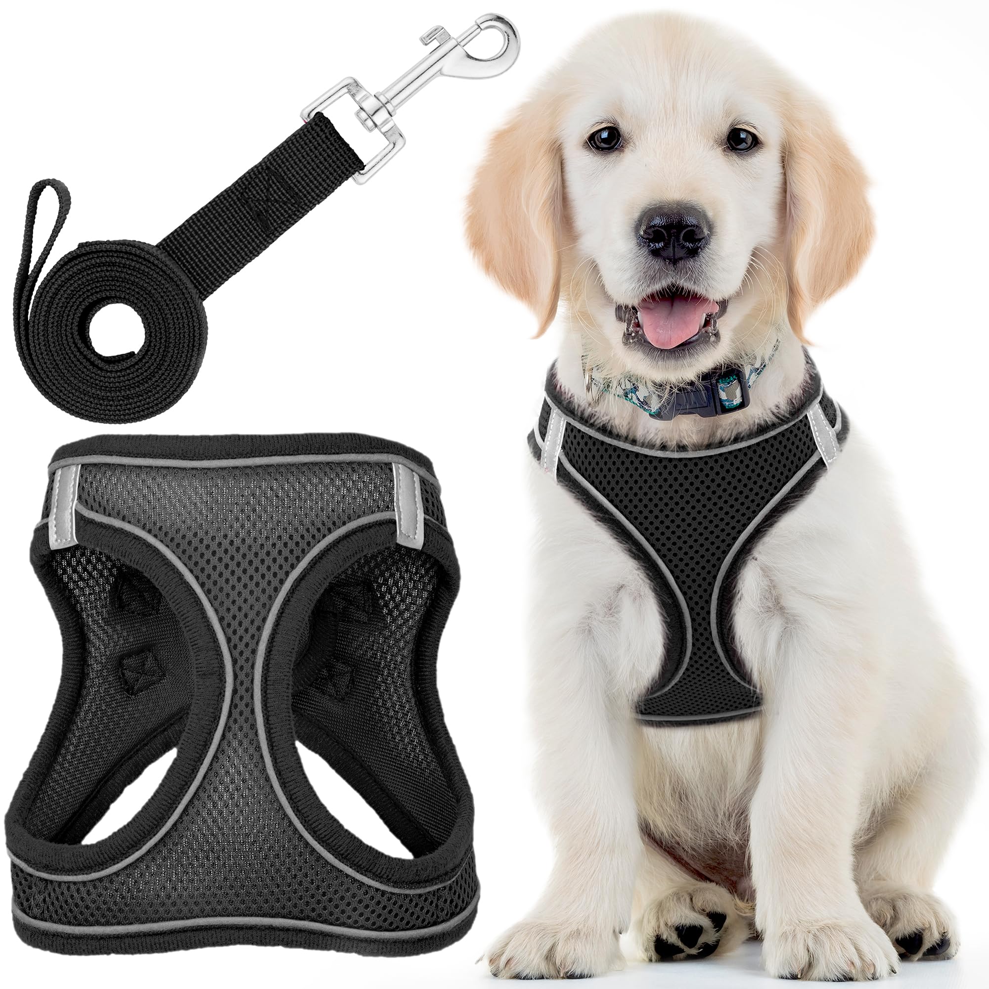 Dog Harness with Leash for Running, Hiking & Training - Large, Black - Soft Padded & No Pull Design Pet Harness with Leash Clips + Reflective Strips for Small & Medium Dogs - by EcoEarth