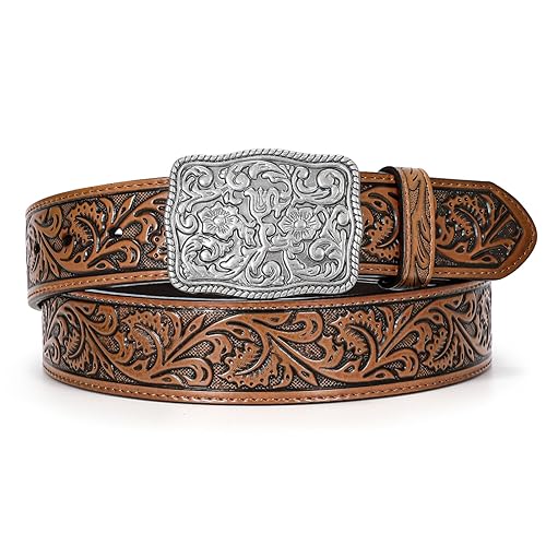 TRIWORKS Western Belts for Women Men Cowgirl Cowboy Embossed Engraved  Tooled Leather Belt with Buckle for Jeans Pants Rodeo,E-Brown,Fit Waist  Size