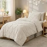 Sasttie Twin Comforter Set, 5-Piece Bed in a Bag, Pintuck Bedding Sets for All Season, Includes Comforter, Flat Sheet, Fitted Sheet, Pillowcase and Pillowsham, Beige