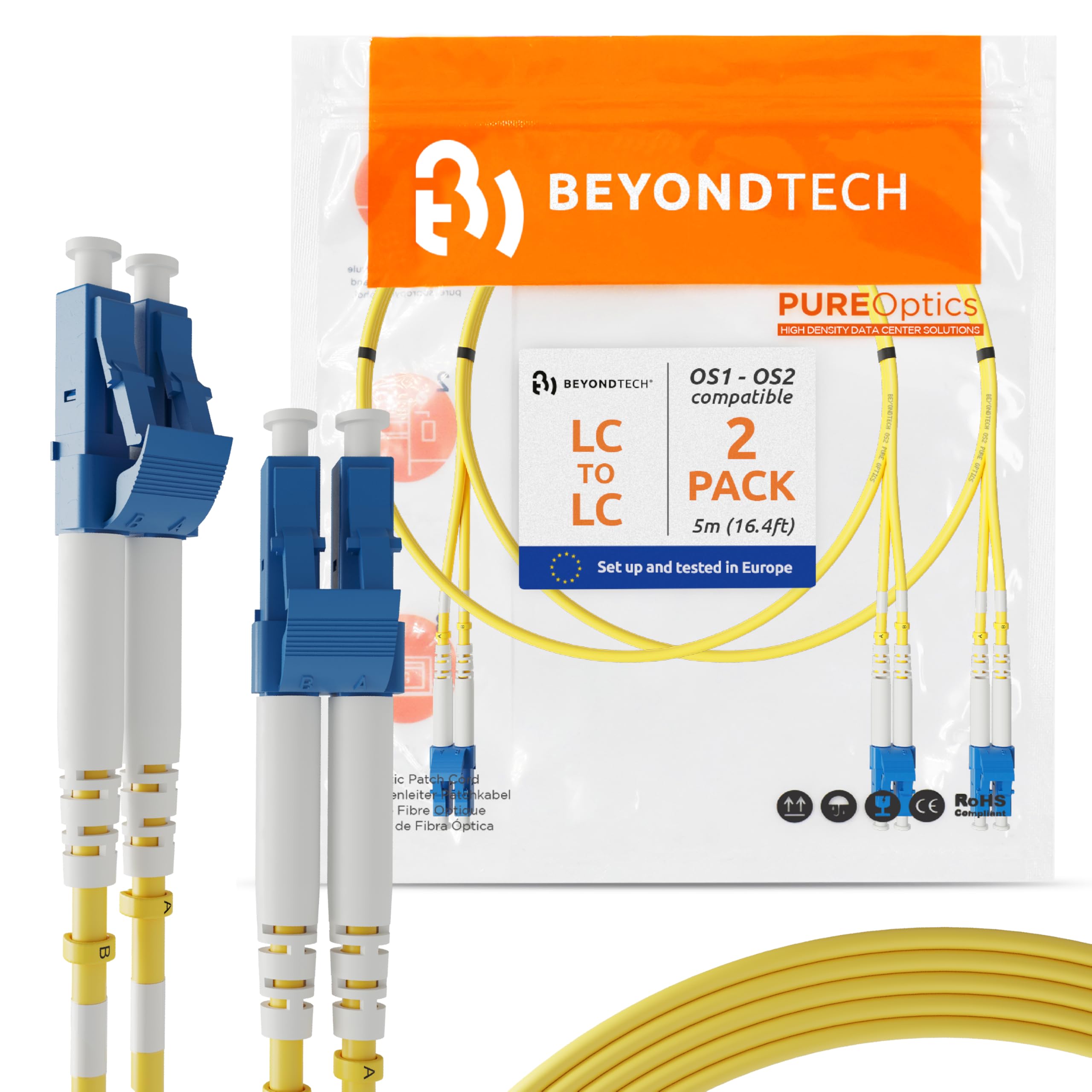 BEYONDTECH LC to LC Single Mode Fibre Patch Cable Duplex - 5M (LSZH) 9/125um OS1 (2 Pack) Singlemode Lead Series