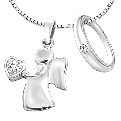 Clever Schmuck Set 2 Silberne Anhänger Engel 15 mm mit Zirkonia weiß in der Hand und Taufring Ø 12 mm schlicht Zirkonia weiß 