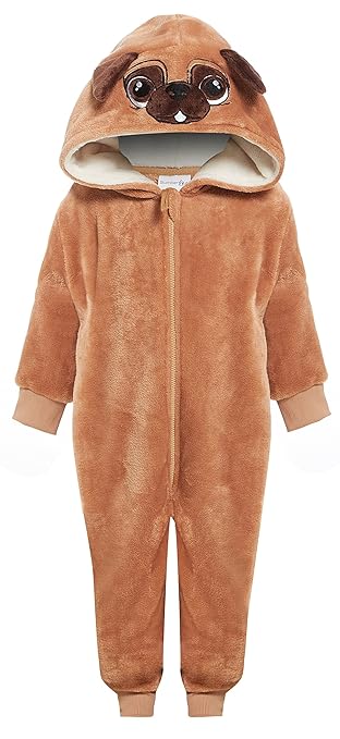 SlumberHut Pug Hund Neuheit Fleece mit Kapuze Onesie Mädchen Jungen Unisex Braun - Größe 7 bis 13 Jahre
