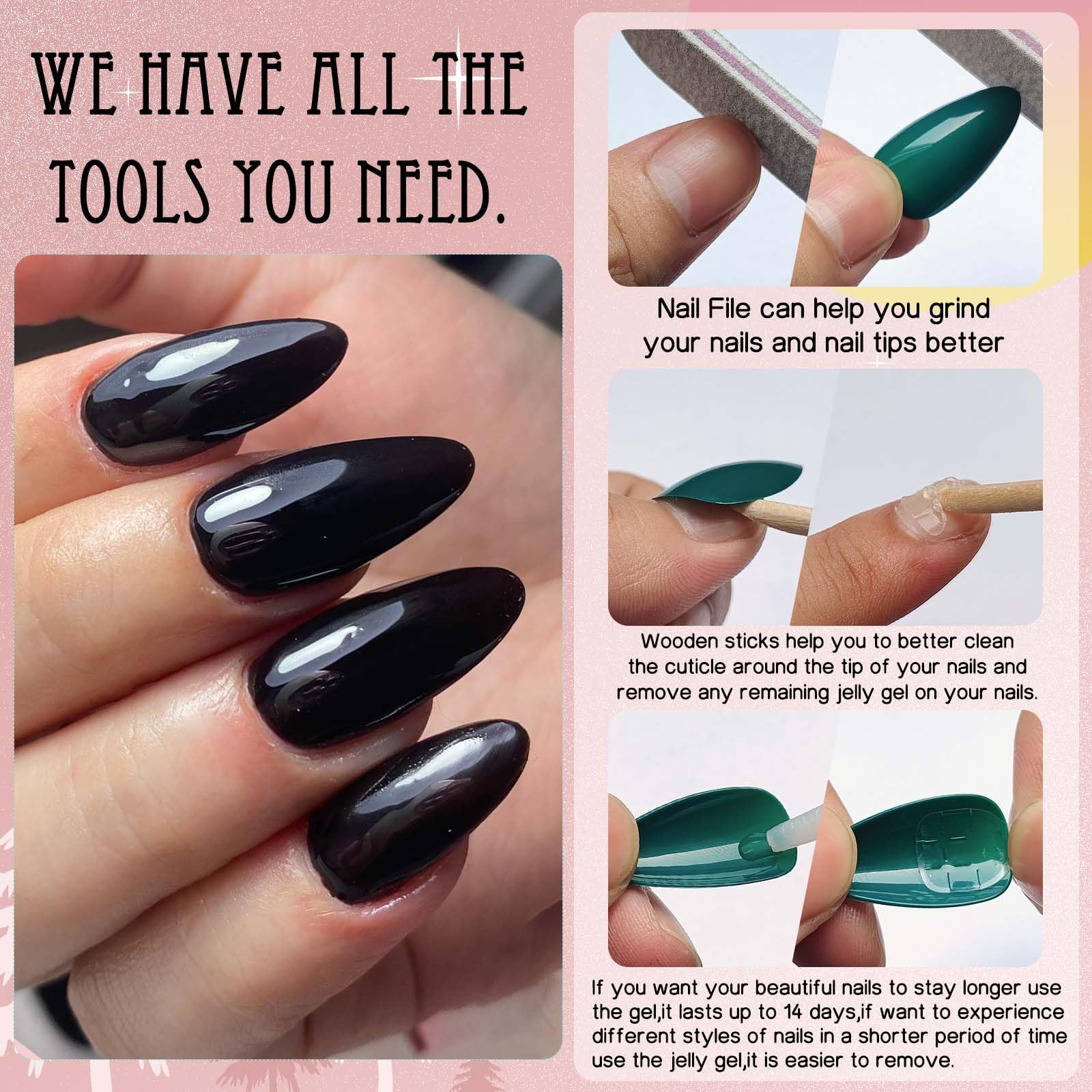 LoveOurHome 240pc Almond Press on Nails Medium Black Fake Nail Tips Full Cover Glue Almond Acrylic Nails Press ons Nail Short Stiletto False Artificial Fingernail & Glue Adhesive Tabs for Women Girls - Image 5