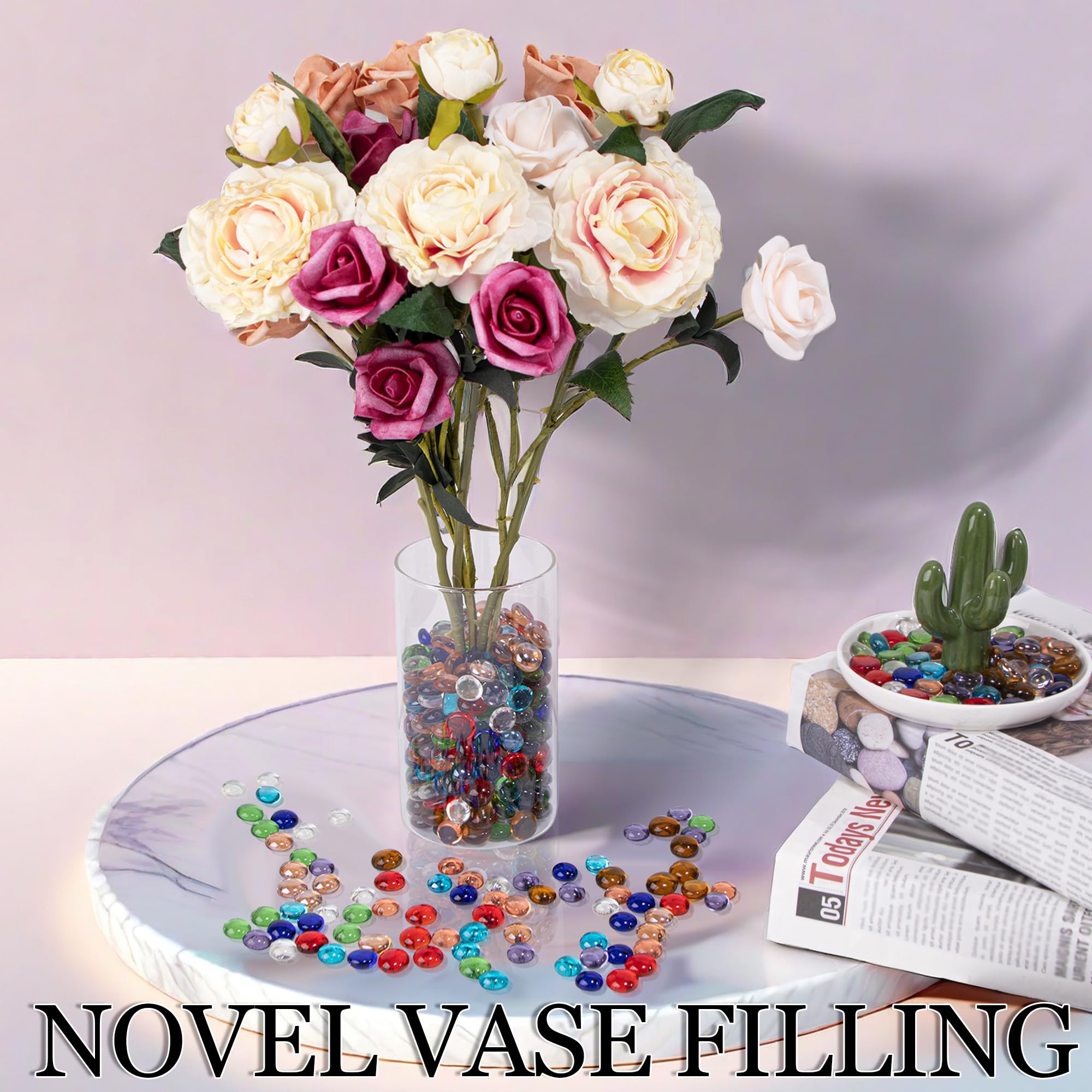 50PCS Mini Glass Gems,Mixed Colour Mancala Stones Flat Bottom Marble Beads for Home Decorative Art Craft Vase Filler(0.5