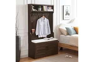 Betoko Hall Trees with Bench and Coat Racks, Farmhouse 71 Inch Entryway Bench with 2 Cabinet Doors, Wood Coat Tree Mudroom Storage Benches (Walnut)