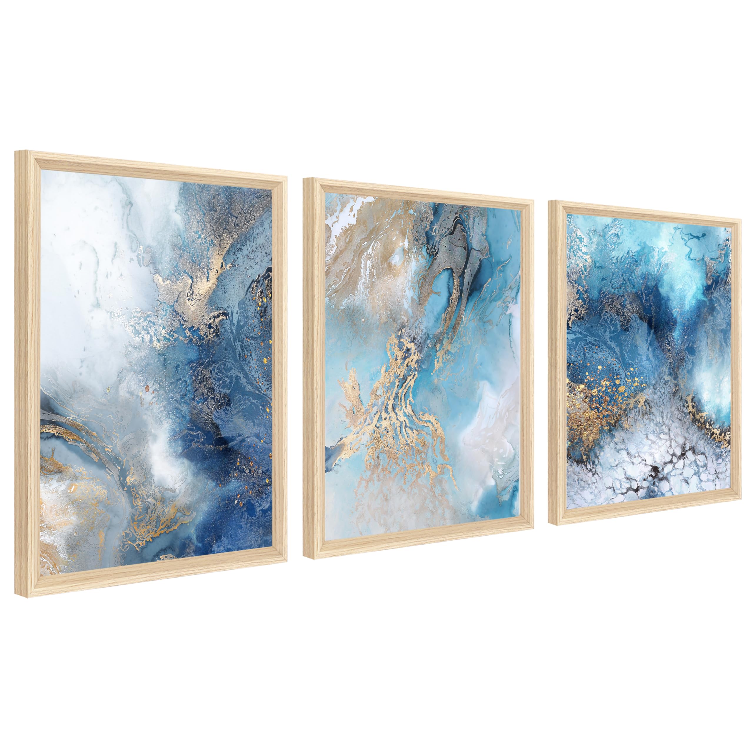 3 Pcs Framed Gold Blue Ocean Canvas Wall Art Canvas Print Abstract Waves Painting Pictures for Living Room Bedroom Hallway Wall Decorations Ready To Hang 90x40cm(12"x16"x3pcs) (No Plexiglass)