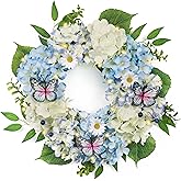 Valery Madelyn Spring Summer Wreaths for Front Door with Lights, Silk Blue White Hydrangeas Floral Wreath with Eucalyptus Leaves Butterfly for Fall Home Porch Window Party Wedding Arch Decor-18''