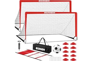 BORNEW Kids Soccer Goal for Backyard Set - 2 Set of 6X4 FT Toddler Soccer Nets with 20ft Agility Ladder, Soccer Ball, Pop Up Portable Soccer Set for Kids and Youth Game and Training Goals Ages 3-16 Gift