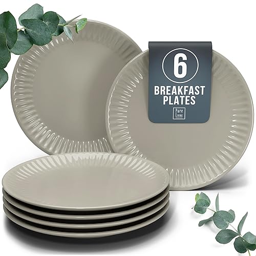 PURE LIVING INTERIOR DESIGN Breakfast and Dessert Plate Set Hygge Series - Stoneware, Stylish Cake Plates, Dishwasher, Microwave, and Scratch Resistant - Small Plates, Salad for 6 - in Light Brown