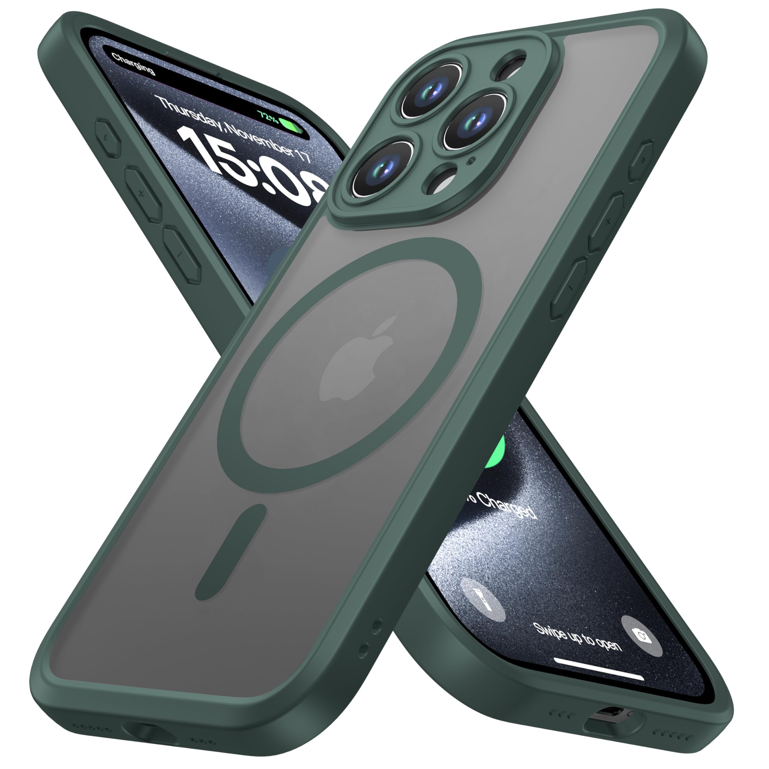 Photo 1 of ImpactStrong Magnetic Guard Designed for iPhone 15 Pro Case [Camera Protection] [Military Grade Drop Tested] [Compatible with MagSafe] Slim Translucent Matte Phone Case (6.1") - Dark Green