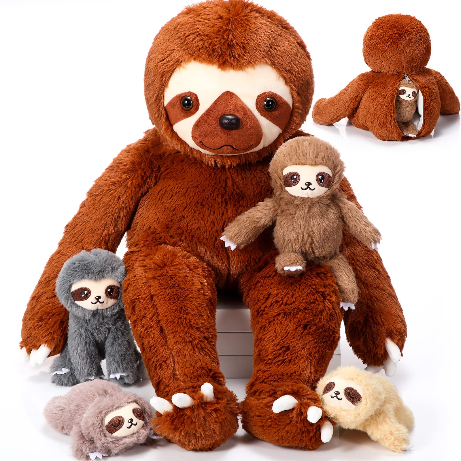 Photo 1 of Kasyat 5 Pcs Sloth Plush Toy Set 13 Inch Mommy Sloth Stuffed Animal with 4 Cute Baby Plushies in Zippered Belly for Kids Birthday Gifts Home Decors Baby Shower Party Favors(Brown)