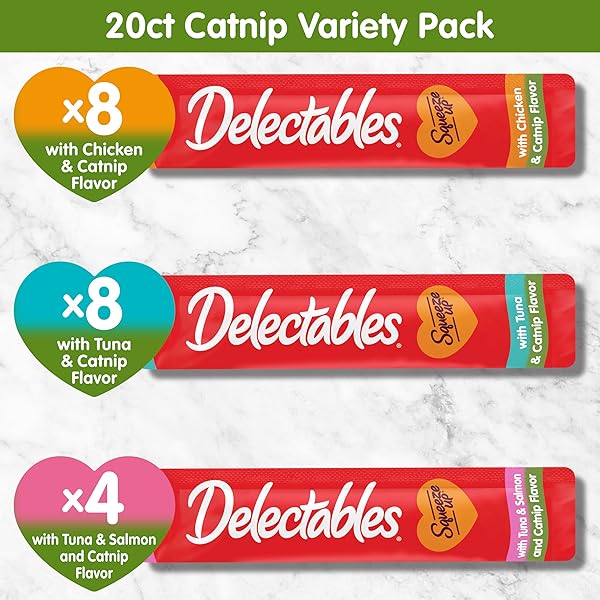 DELECTABLES SQUEEZE UP CATNIP VARIETY PACK, CREAMY SQUEEZABLE PUREE, LICKABLE WET CAT TREATS, GRAIN FREE, NO ADDED FILLERS, NO BY-PRODUCTS, NO ADDED PRESERVATIVES, 0.5 OUNCES TUBE, 20 TUBES TOTAL