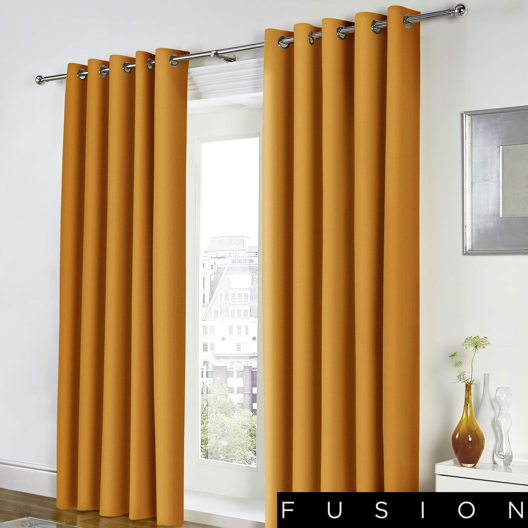Fusion - Freya - 100% Cotton Pair of Eyelet Curtains - 66" Width x 54" Drop (168 x 137cm) in Ochre