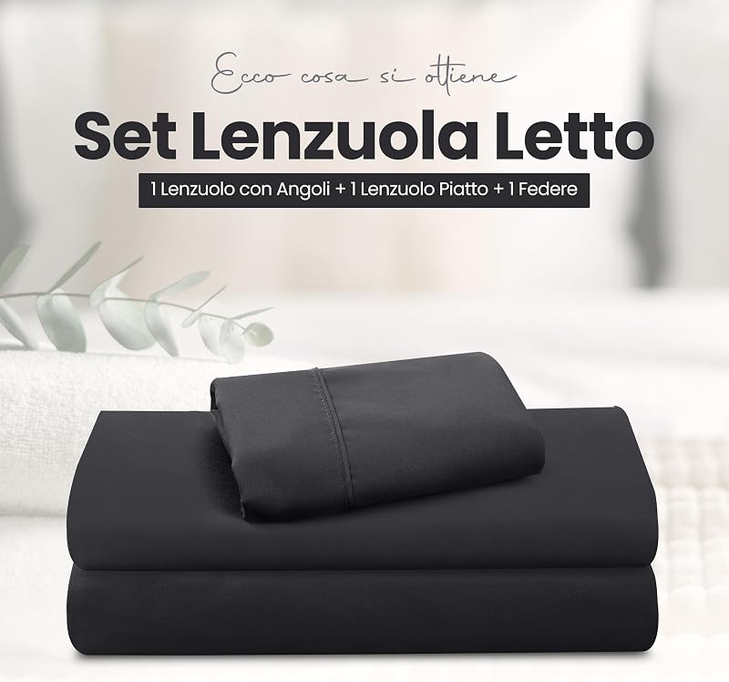 Set Lenzuola Letto 3 Pezzi, 90x190cm, Nero