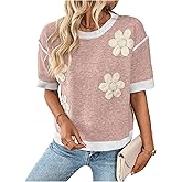 Floerns Women's Short Sleeve Crew Neck Flower Loose Knitted Sweaters Pullover Tops
