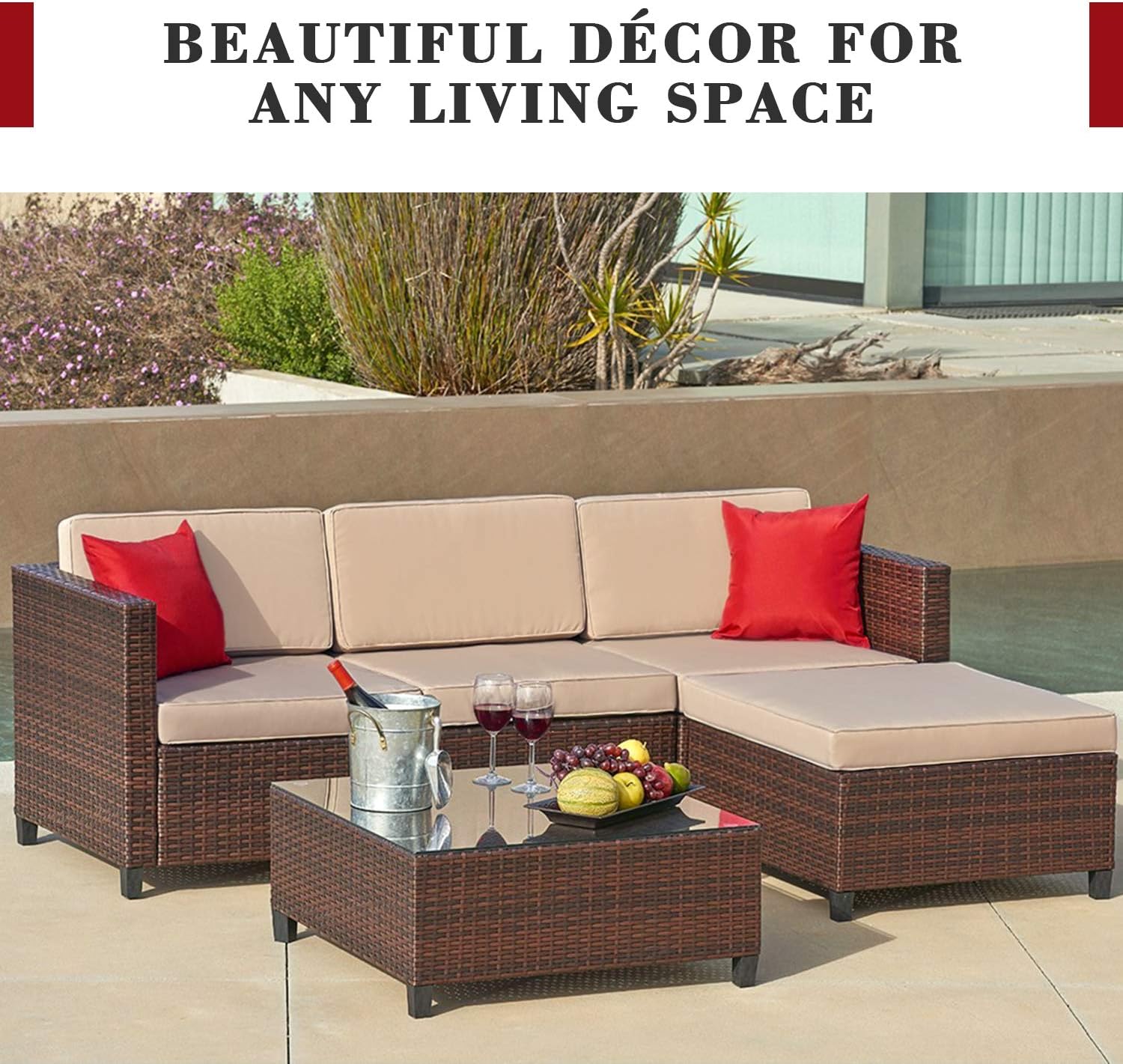 Amazon Com Suncrown 5 Piece Outdoor Sectional Sofa All Weather Brown Wicker Furniture Patio Conversation Set With Brown Seat Cushions And Glass Coffee Table For Patio Backyard Pool Garden Outdoor
