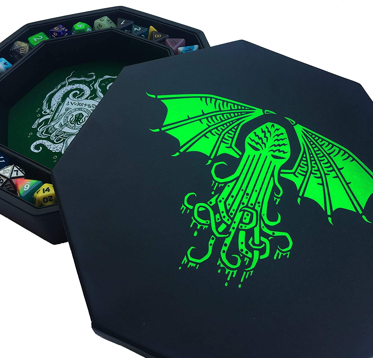 Fantasydice-CTHULHU TOME-GREEN - Dice Tray - 8" Octagon with Lid and Dice Staging Area- Holds 5 Sets(7 Dice Set/Standard) for All Tabletop RPGs Like D&D, Call of Cthulhu, Shadowrun. — image 1