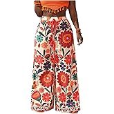 GORGLITTER Women's Plus Size Floral Printed Pants Dressy High Waist Wide Leg Beach Vacation Palazzo Loose Pants Trouser