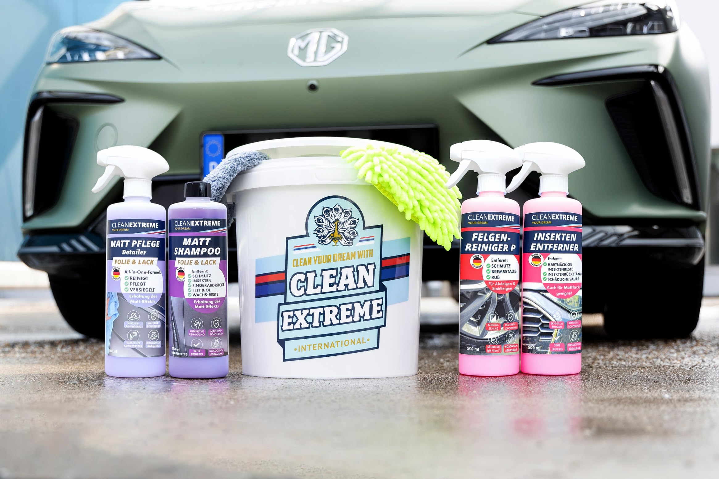 CLEANEXTREME Autowäsche Set Base für Mattlack & Matt-Folie | Autoshampoo Felgenreiniger Insektenentferner Auto-Detailer & Wascheimer mit Deckel 9