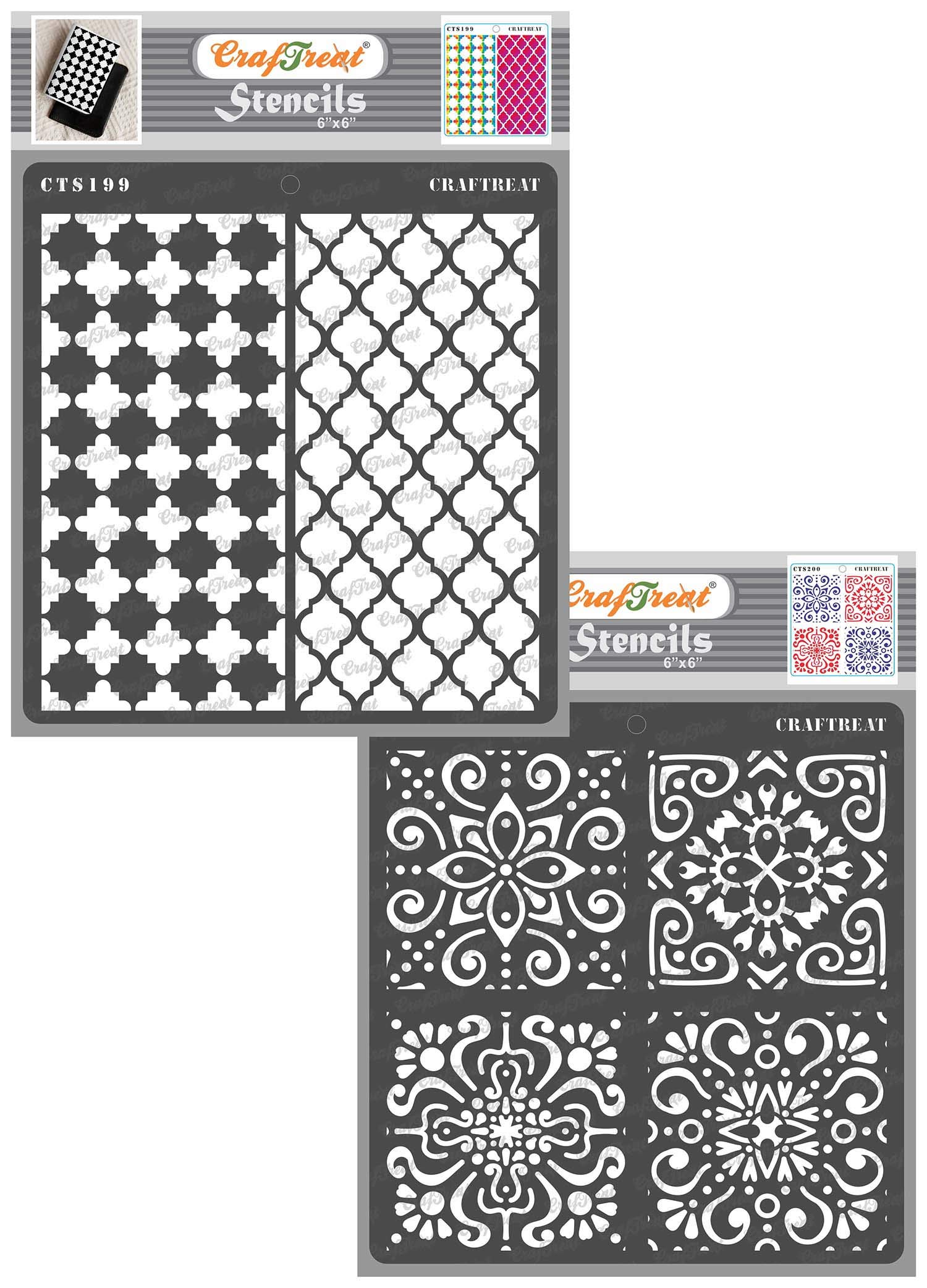 CrafTreat Reusable Moroccan Stencils for Furniture Painting - Moroccan Trellis and Moroccan Tiles (2 pcs)- Size: 6X6 Inches - Moroccan Stencil for Crafts Vintage - Moroccan Tile Stencil