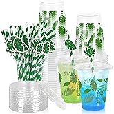 FYSUIMU 50Pcs 12Oz Tropical Palm Leaf Plastic Cups with Lids & Straws Disposable Summer Hawaii Green Monstera Clear Beverage Drinking Cups for Wedding Hawaiian Luau Birthday Party Supplies