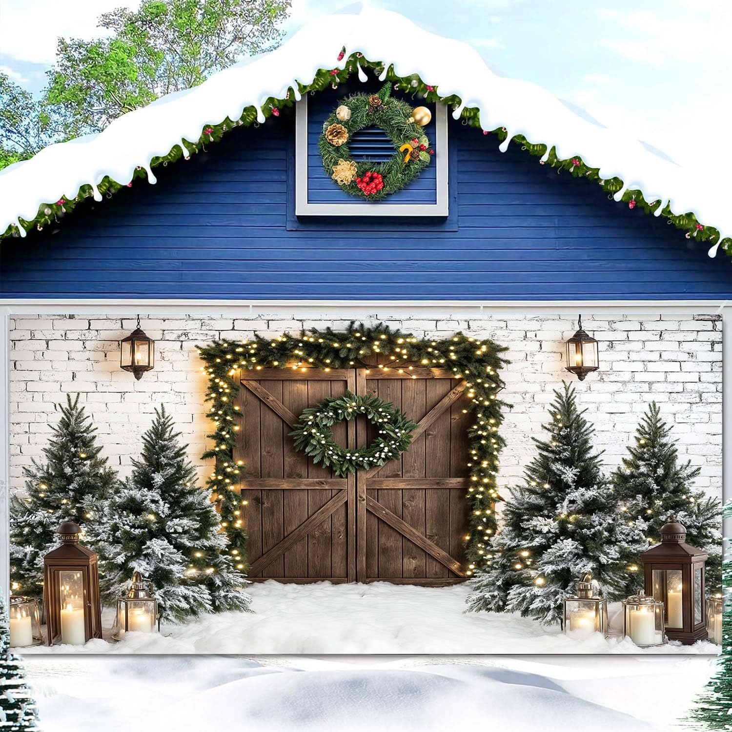 Photo 1 of 16X7FT Christmas Garage Door Decorations Winter Rustic Wooden Door Background with Xmas Tree Banner Farmhouse Village Door Cover New Year Backdrop Family Kids Holiday Portrait Photo Booth Props