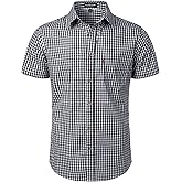 LucMatton Men's Gingham Short Sleeve Button Down Shirt Cotton Regular Fit Plaid Dress Shirts with Pocket